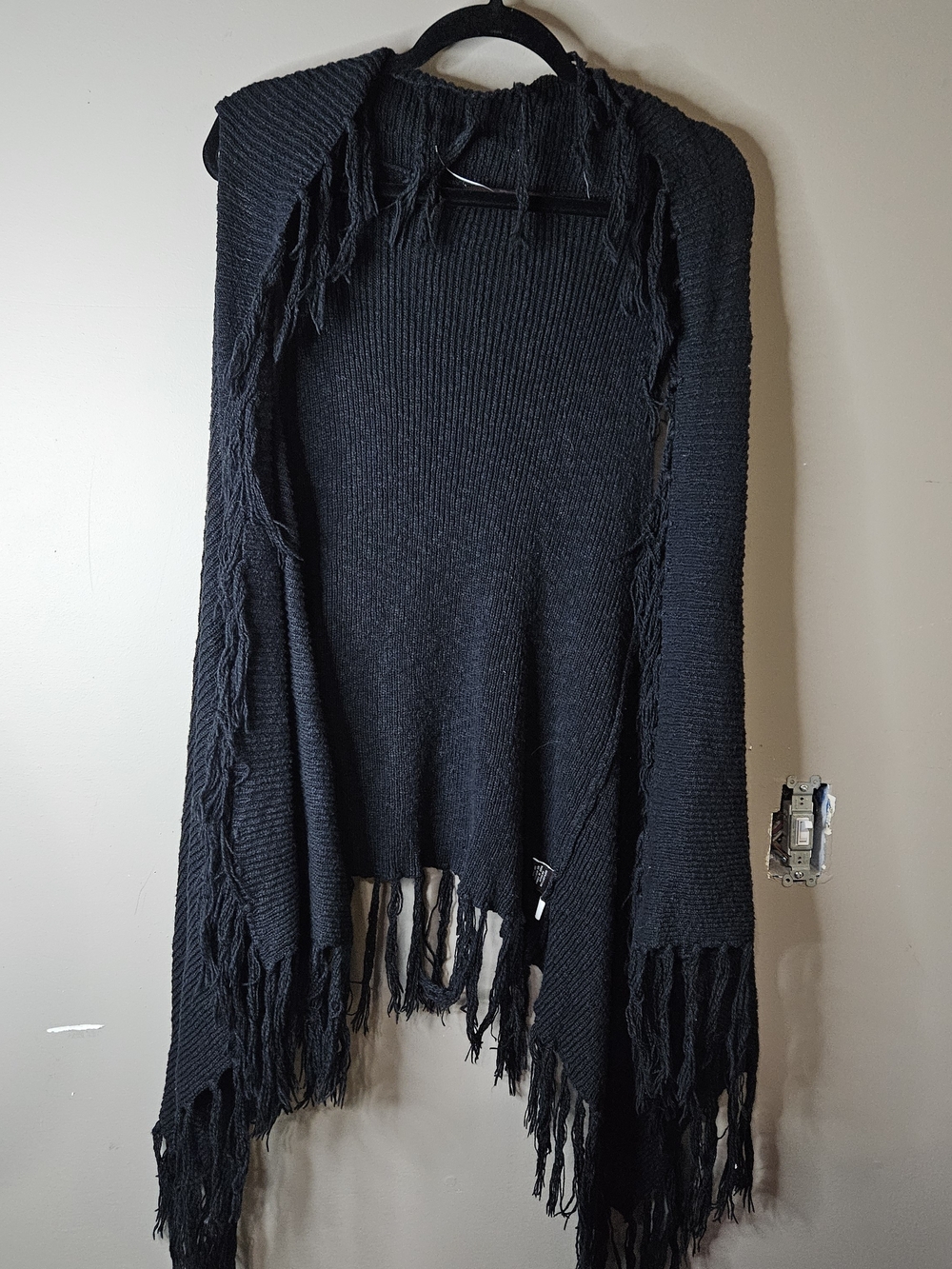 Fever Black Fringe Open-Front Knit Poncho